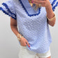 Pink Eyelet Embroidered Flower Texture Contrast Lace Trim Flutter Sleeve Blouse