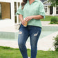 Mint Green Plus Size Striped Print Collar V Neck Short Sleeve Blouse