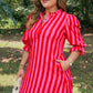Rose Stripe Frilled Collar Button Neck Short Sleeve Curvy Mini Dress