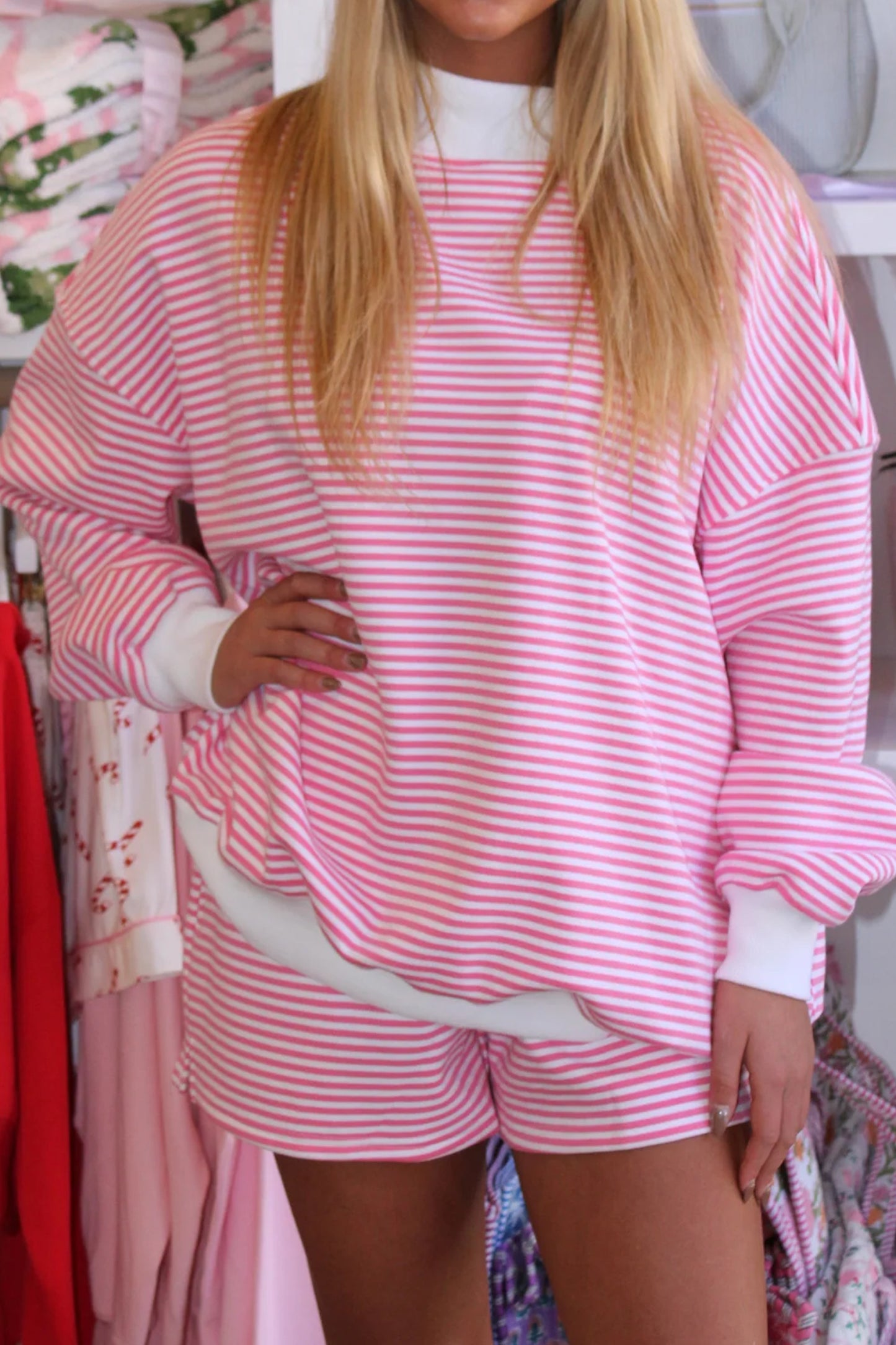 Sky Blue Stripe Oversize Mock Neck Sweatshirt and Shorts Set