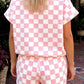 Pink Checkered Print Color Block Trim Mock Neck Short Set