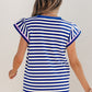 Blue Stripe Contrast Trim Cap Sleeve Top Casual Shorts 2pcs Set