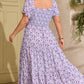 Purple Plus Size Floral Print Square Neck Smocked Maxi Dress
