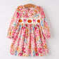 Fall Halloween & Thanksgiving Pumpkin Bow Smock Embroidered Floral Dress