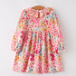 Fall Halloween & Thanksgiving Pumpkin Bow Smock Embroidered Floral Dress