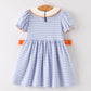 Fall Thanksgiving and Halloween Lapel Stripe Pumpkin Applique Bow Girls Dress