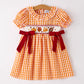 Fall Turkey Embroidered Dress for Girls – Orange Checkered with Thanksgiving Details