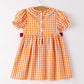 Fall Turkey Embroidered Dress for Girls – Orange Checkered with Thanksgiving Details