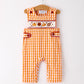 Fall Turkey Embroidered Romper for Baby Boys – Orange Checkered with Thanksgiving Details
