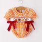 Turkey Fall Embroidered Romper for Baby Girls – Orange Checkered with Thanksgiving Details