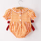 Turkey Fall Embroidered Romper for Baby Girls – Orange Checkered with Thanksgiving Details