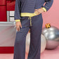Blue Stripe Color Block Patchwork Zip V Neck Pullover Loose Pants 2pcs Set
