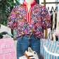 Purple Ditsy Floral Print Plaid Colorblock Trim V Neck Blouse