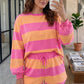 Pink Stripe Long Sleeve Casual Top Drawstring Shorts 2pcs Set
