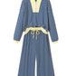 Blue Stripe Color Block Patchwork Zip V Neck Pullover Loose Pants 2pcs Set