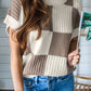 Light Blue Checkered Color Block Crew Neck Short Sleeve Sweater