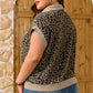 Beige Ribbed Patchwork Collar Cuffed Sleeve Leopard Plus Top