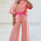 Yellow Stripe Colorblock Trim Crew Neck Loose Tee Drawstring Elastic Waist 2pcs Pant Set