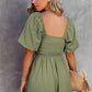 Sky Blue Brown Square Neck Ruched Puff Sleeve Romper