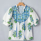 White Floral Print Contrast Trim Tie Neck Blouse