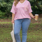 Pink Stripe Colorblock Patched Pocket V Neck Plus Size Tee