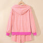 Rose Red Striped Long Sleeve Zip-Up Hoodie Drawstring Elastic Waist 2pcs Short Set