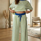 Yellow Stripe Colorblock Trim Crew Neck Loose Tee Drawstring Elastic Waist 2pcs Pant Set