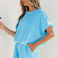 Light Blue Solid Color Puffy Loose Top Drawstring Shorts 2pcs Outfit
