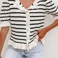 Beige Stripe Ruffle Trim Button Down Knit Short Sleeve Sweater Cardigan