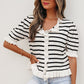 Beige Stripe Ruffle Trim Button Down Knit Short Sleeve Sweater Cardigan