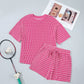Sky Blue Stripe Raised Rib Loose Tee Drawstring Elastic Waist 2pcs Short Set
