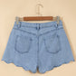 Myosotis Solid Color Scalloped Trim Casual Denim Shorts