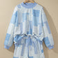 Sky Blue Patchwork Floral Print Drop Shoulder Baggy Pullover Drawstring Shorts Set