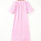 Pink Stripe V Neck Short Sleeve Shift Long Dress