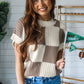 Light Blue Checkered Color Block Crew Neck Short Sleeve Sweater