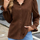 Coffee Solid Color Ruffle Trim V Neck Long Sleeve Button Corduroy Shakcet