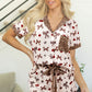 White Chic Bow Cherry Printed Leopard Contrast Patchwork Shirt Drawstring Shorts 2pcs PJ Set