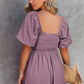 Sky Blue Brown Square Neck Ruched Puff Sleeve Romper