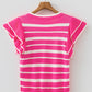 Rose Stripe Double Ruffle Short Sleeve Lightweight Knit Sweater