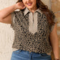 Beige Ribbed Patchwork Collar Cuffed Sleeve Leopard Plus Top