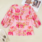 Pink Plus Size Floral Print V Neck Tie Front Short Sleeve Tunic Top