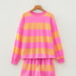 Pink Stripe Long Sleeve Casual Top Drawstring Shorts 2pcs Set