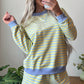Pink Stripe Color Block Detail Long Sleeve Pullover Elastic Waist Pull On Shorts 2pcs Set