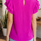 Rose Red Solid Color Textured Ruffle Trim Short Sleeve Blouse