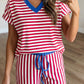 Yellow Stripe Colorblock Trim V Neck Tee Drawstring Elastic Waist Short Set