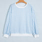 Light Blue Plaid Round Neck Long Sleeve Sweatshirt