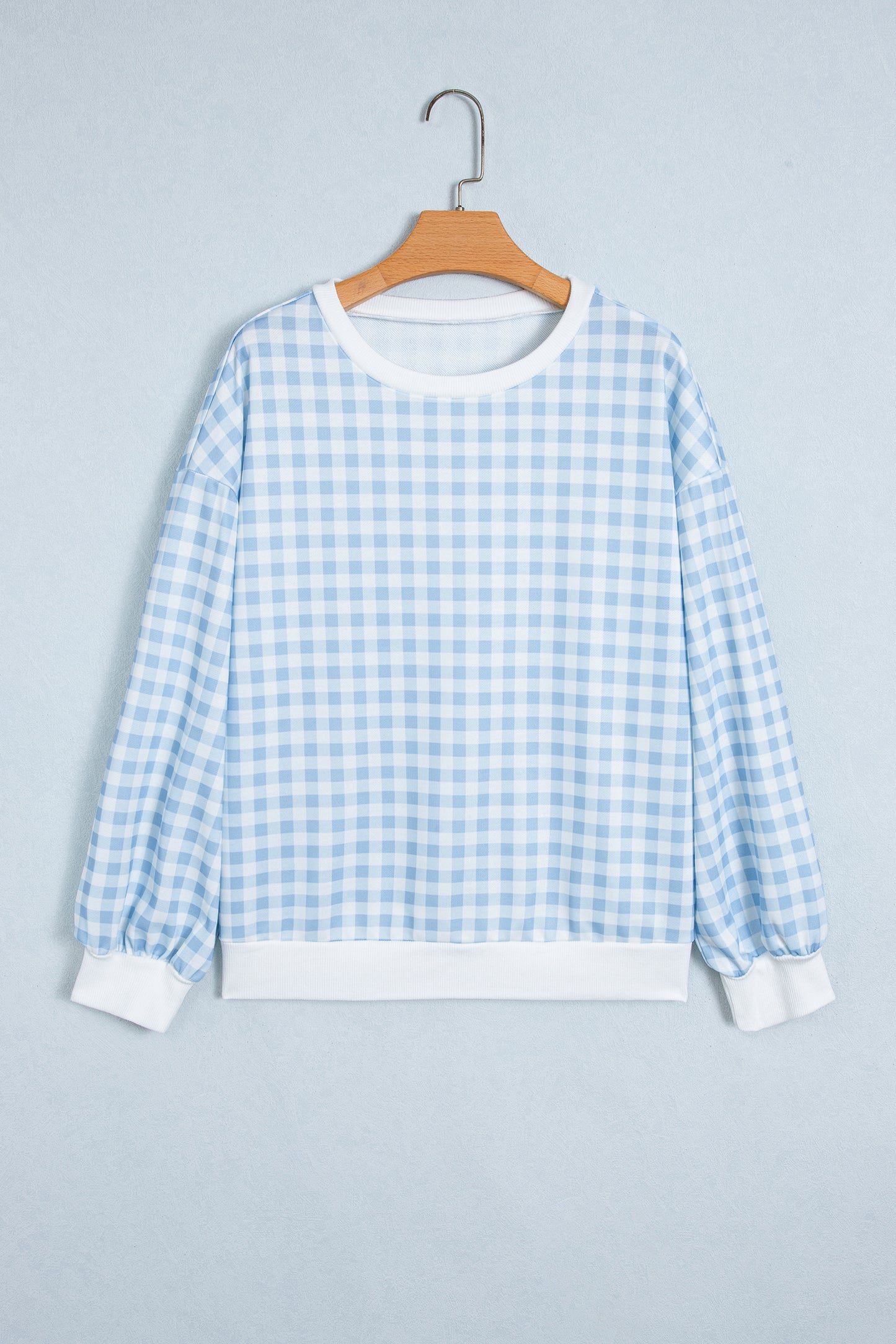 Light Blue Plaid Round Neck Long Sleeve Sweatshirt