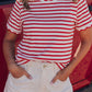 Black Stripe Scalloped Trim Round Neck T Shirt