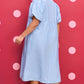 Sky Blue Stripe Shirred Detail Collar V Neck Plus Size Midi Dress