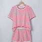 Red Stripe Scallop Trim Casual Top 2pcs Short Set